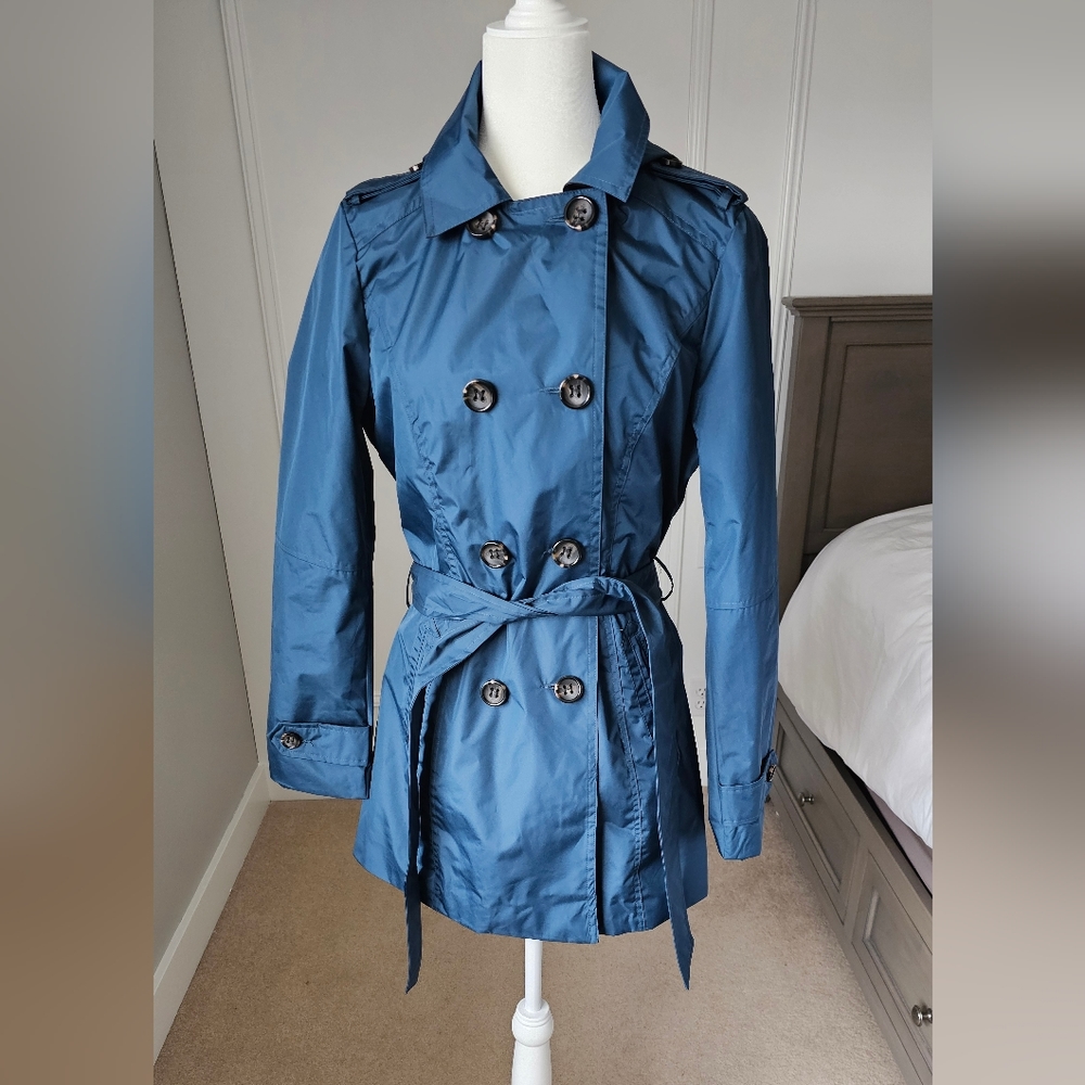 Dark Teal Trench Coat, Women's Rain Jacket with Hood, Excellent Condition NWOT